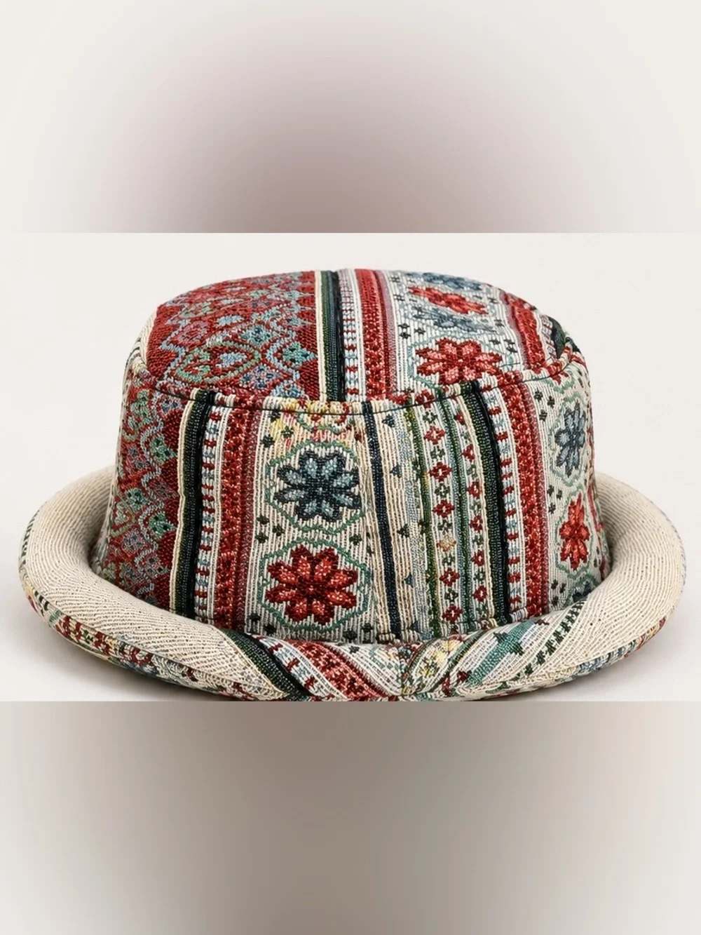 Handmade Thailand Woven Cotton Roll Brim Bucket Hat Boho Tribal Unisex